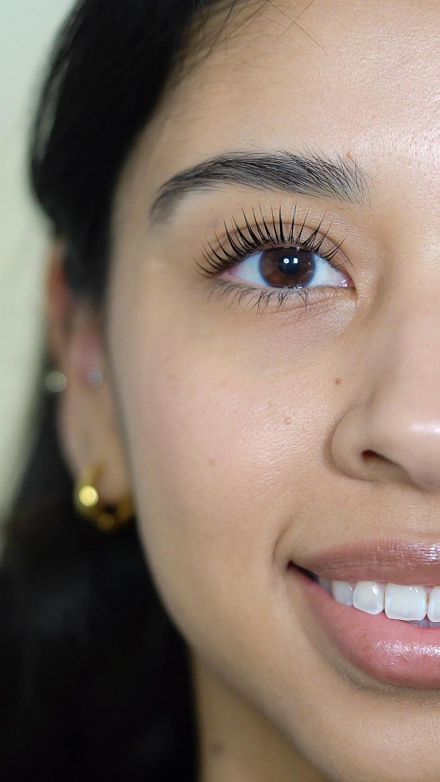 Close-up of natural lashes after a Korean Lash Lift + Tint at Beauty House Artistry in Chino, CA, showing beautifully lifted and defined eyelashes.